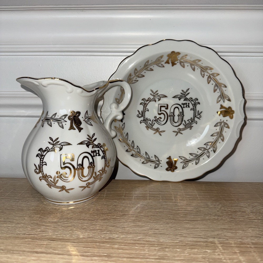 Vintage 50th Lefton China  To a Wild Rose Pitcher Saucer Hand Painted Gold‎